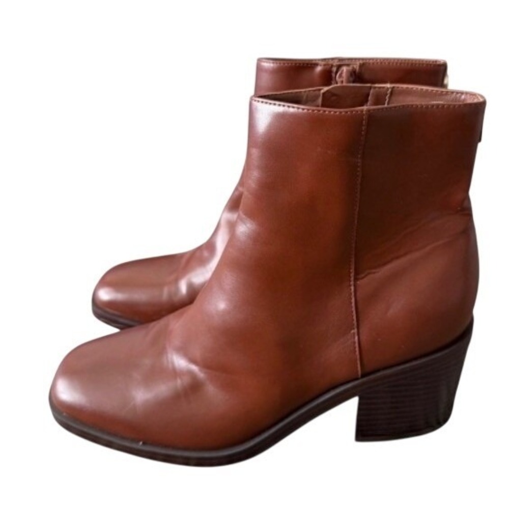 Nine West Cognac Brown Square Toe Block Heel Ankle Boots Womens 7.5M